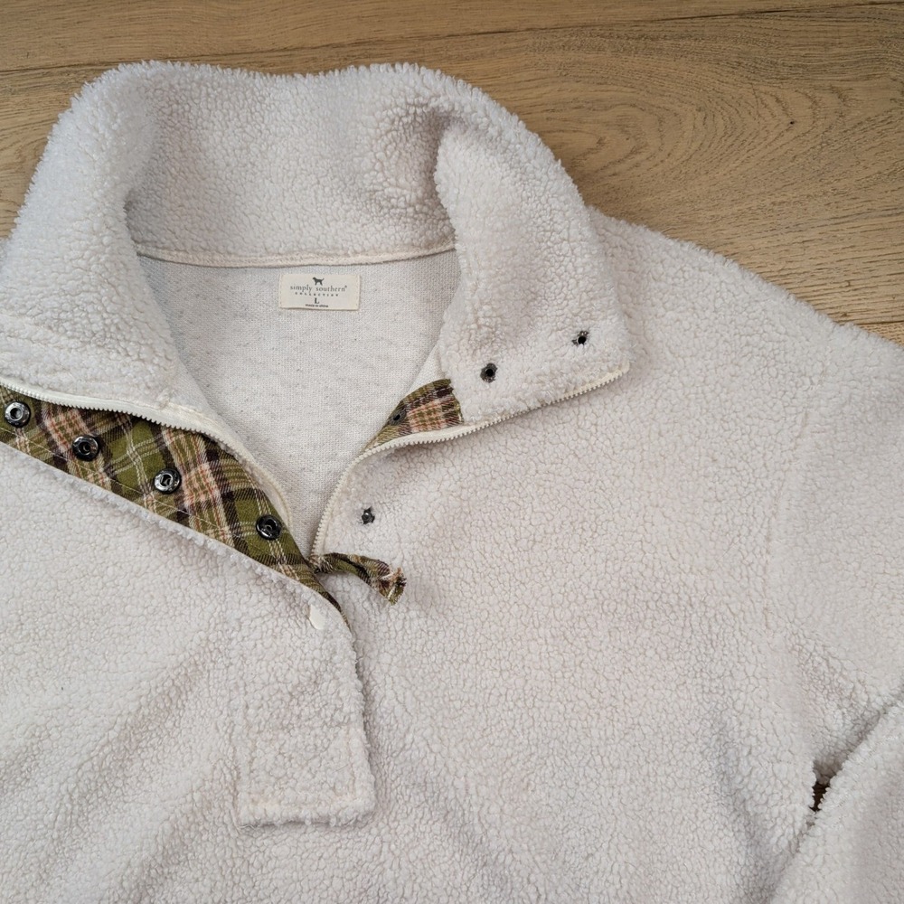 Simply Southern Sherpa Fleece Pullover Cream Plaid Trim Mock Neck Snap Large - Picture 2 of 9
